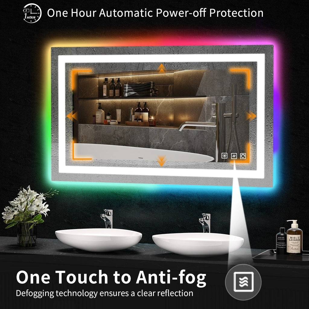 Miroir de salle de bain antibuée rétroéclairé RVB et LED frontale