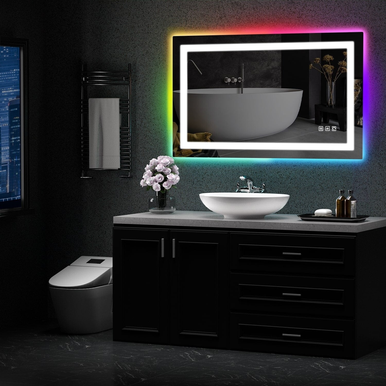 Miroir de salle de bain antibuée rétroéclairé RVB et LED frontale