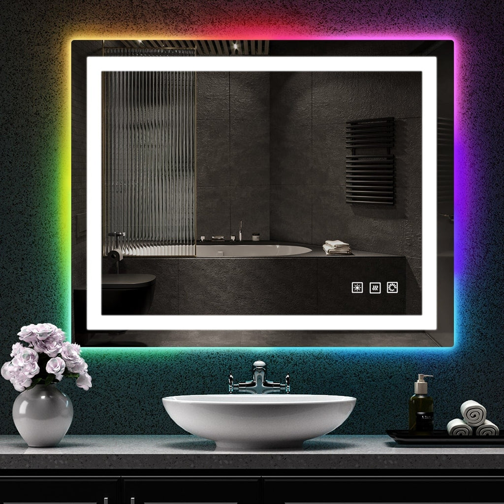 Miroir de salle de bain antibuée rétroéclairé RVB et LED frontale