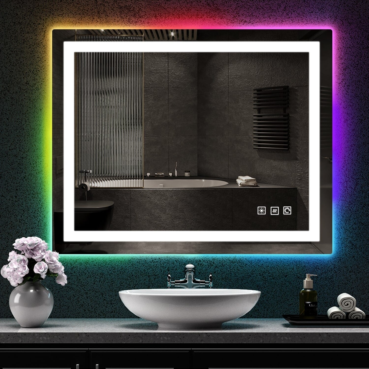 Miroir de salle de bain antibuée rétroéclairé RVB et LED frontale