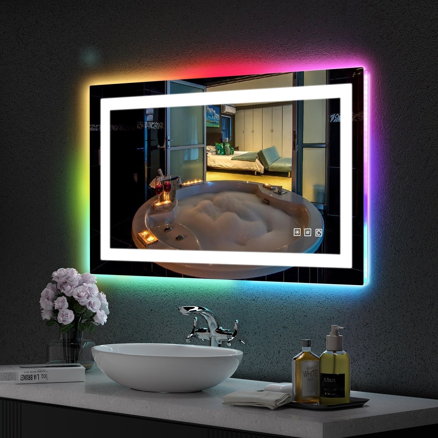 Miroir de salle de bain antibuée rétroéclairé RVB et LED frontale