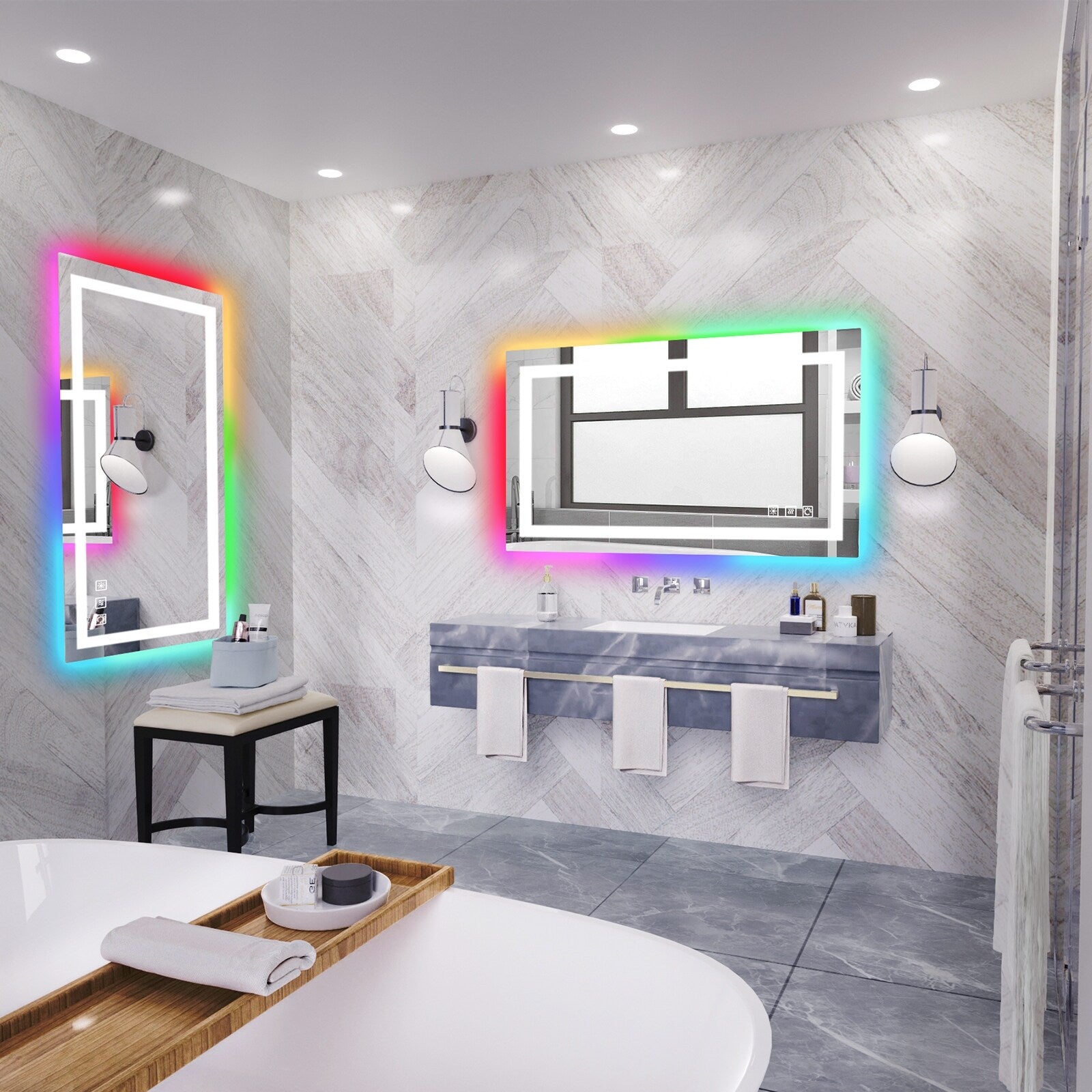 Miroir de salle de bain antibuée rétroéclairé RVB et LED frontale
