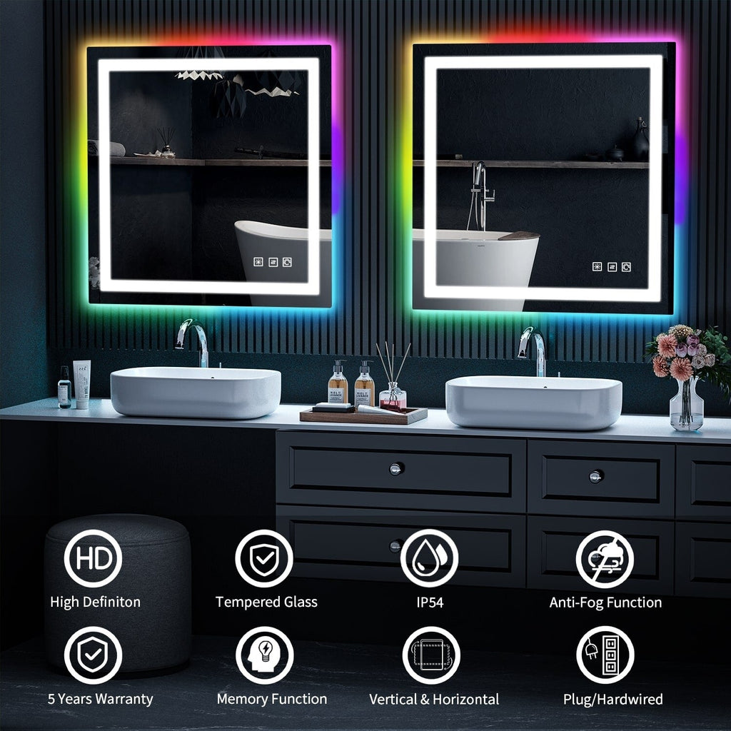 Miroir de salle de bain antibuée rétroéclairé RVB et LED frontale