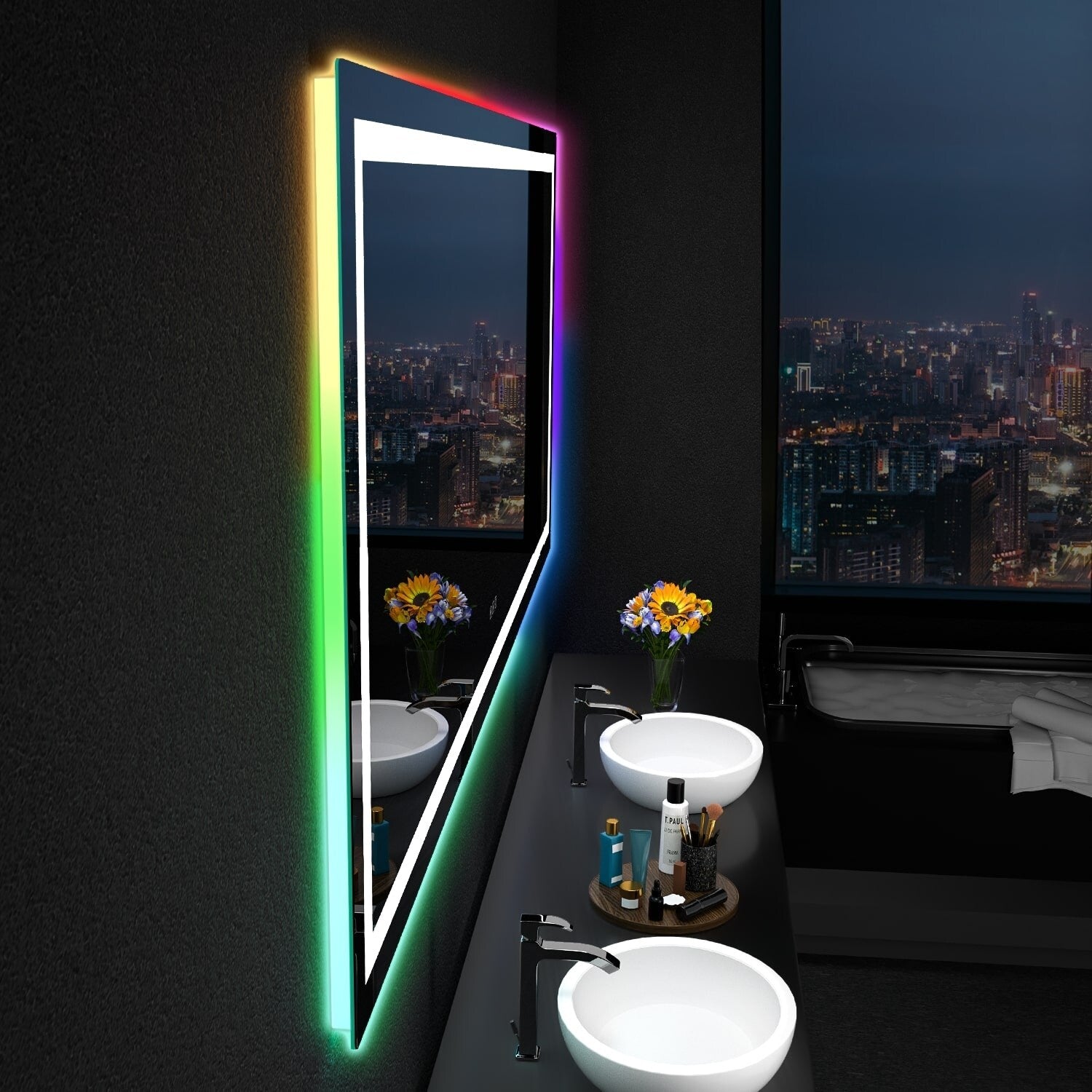 Miroir de salle de bain antibuée rétroéclairé RVB et LED frontale