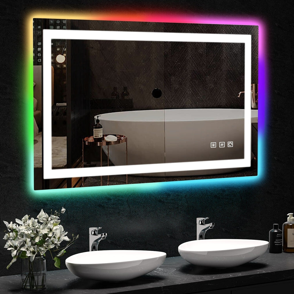 Miroir de salle de bain antibuée rétroéclairé RVB et LED frontale