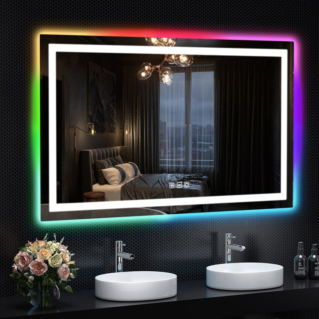 Miroir de salle de bain antibuée rétroéclairé RVB et LED frontale
