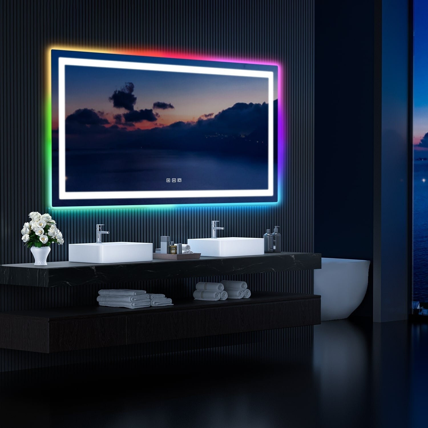 Miroir de salle de bain antibuée rétroéclairé RVB et LED frontale