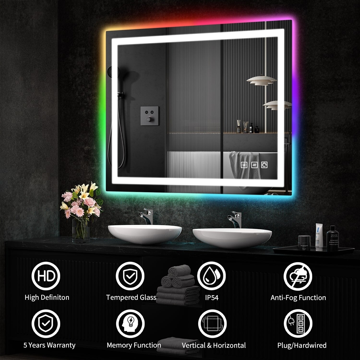 Miroir de salle de bain antibuée rétroéclairé RVB et LED frontale