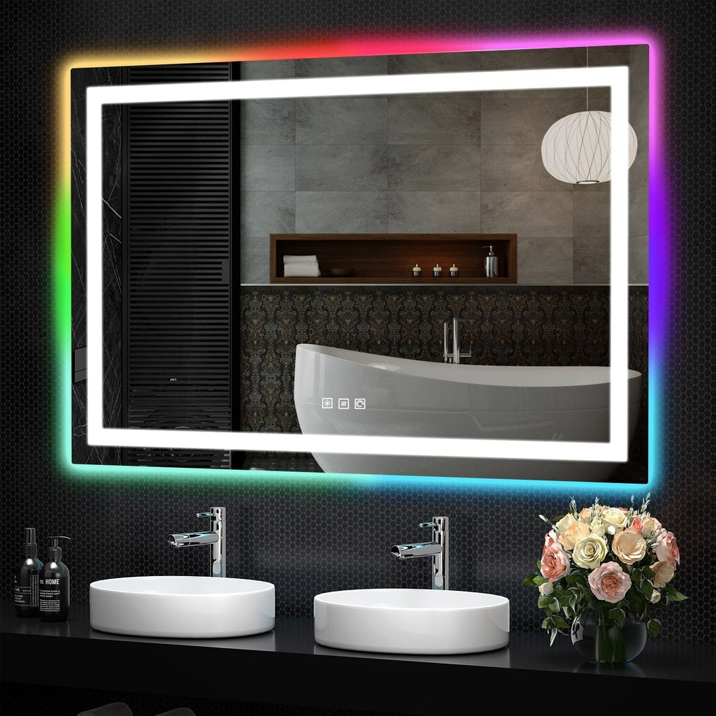 Miroir de salle de bain antibuée rétroéclairé RVB et LED frontale