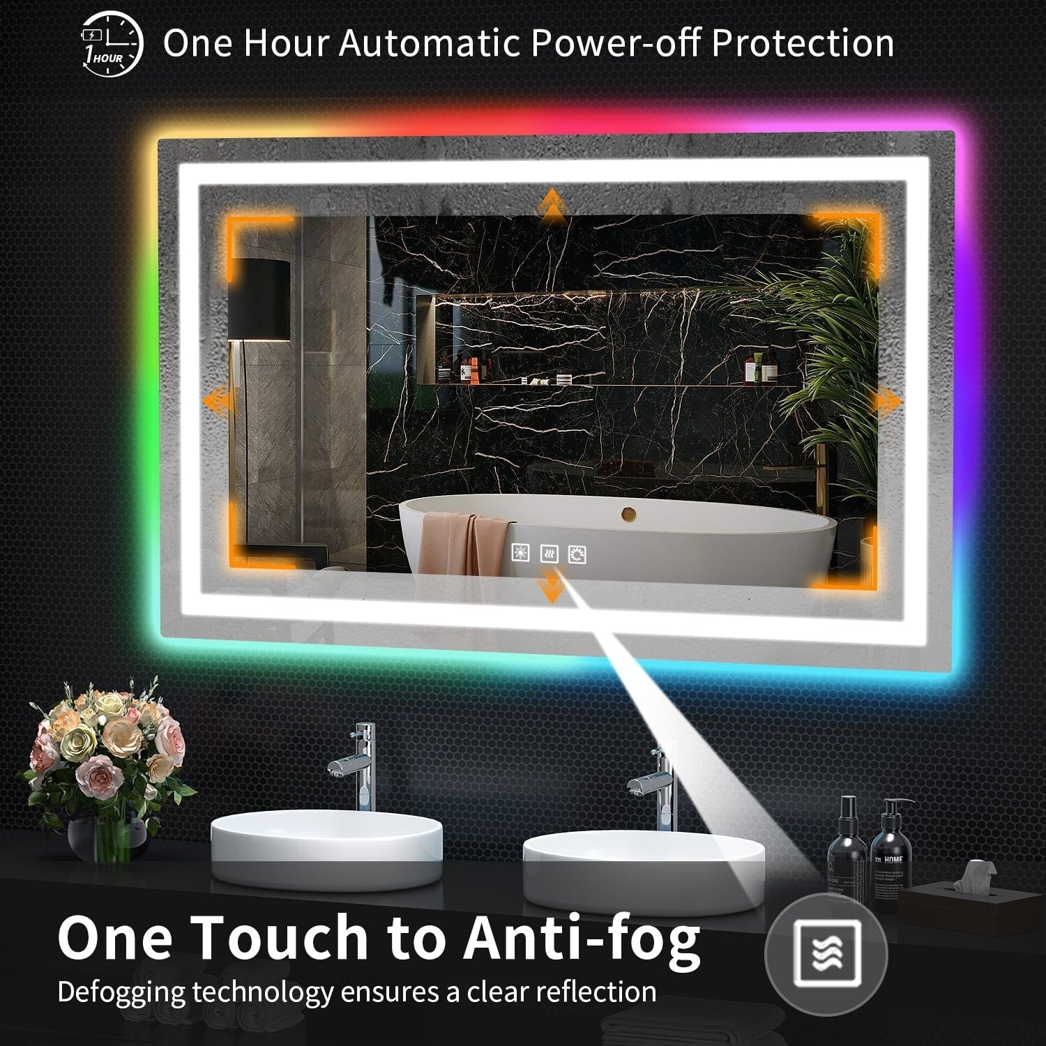 Miroir de salle de bain antibuée rétroéclairé RVB et LED frontale