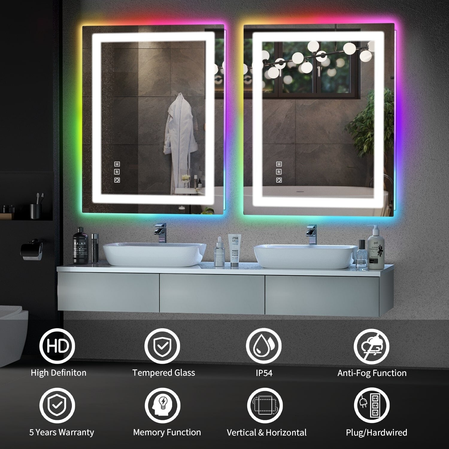 Miroir de salle de bain antibuée rétroéclairé RVB et LED frontale