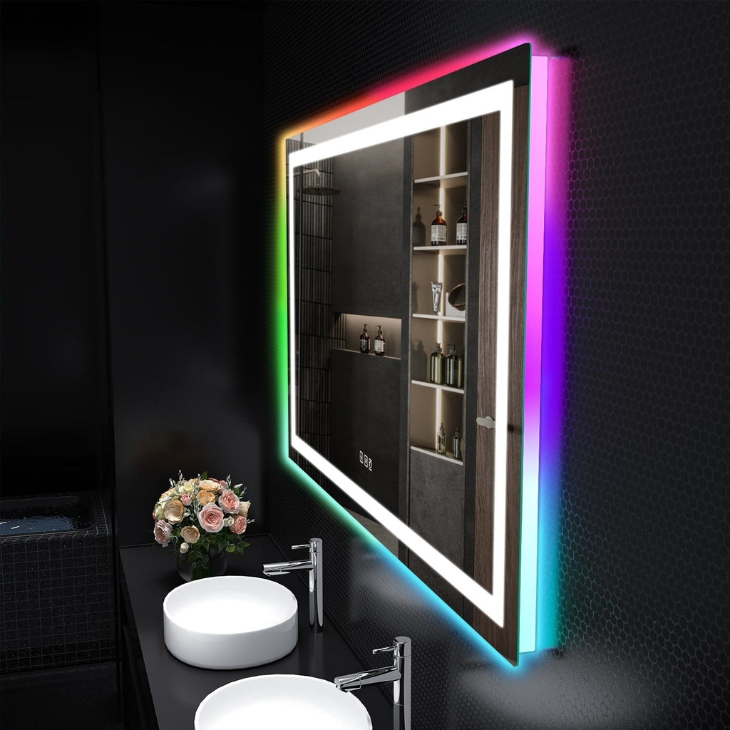 Miroir de salle de bain antibuée rétroéclairé RVB et LED frontale