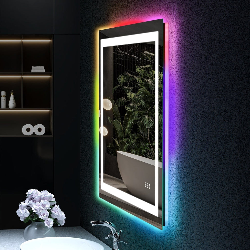Miroir de salle de bain antibuée rétroéclairé RVB et LED frontale
