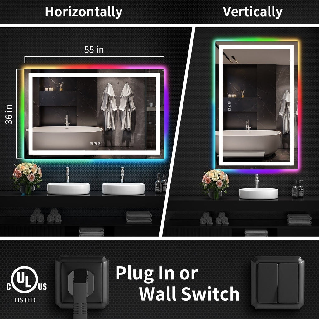 Miroir de salle de bain antibuée rétroéclairé RVB et LED frontale