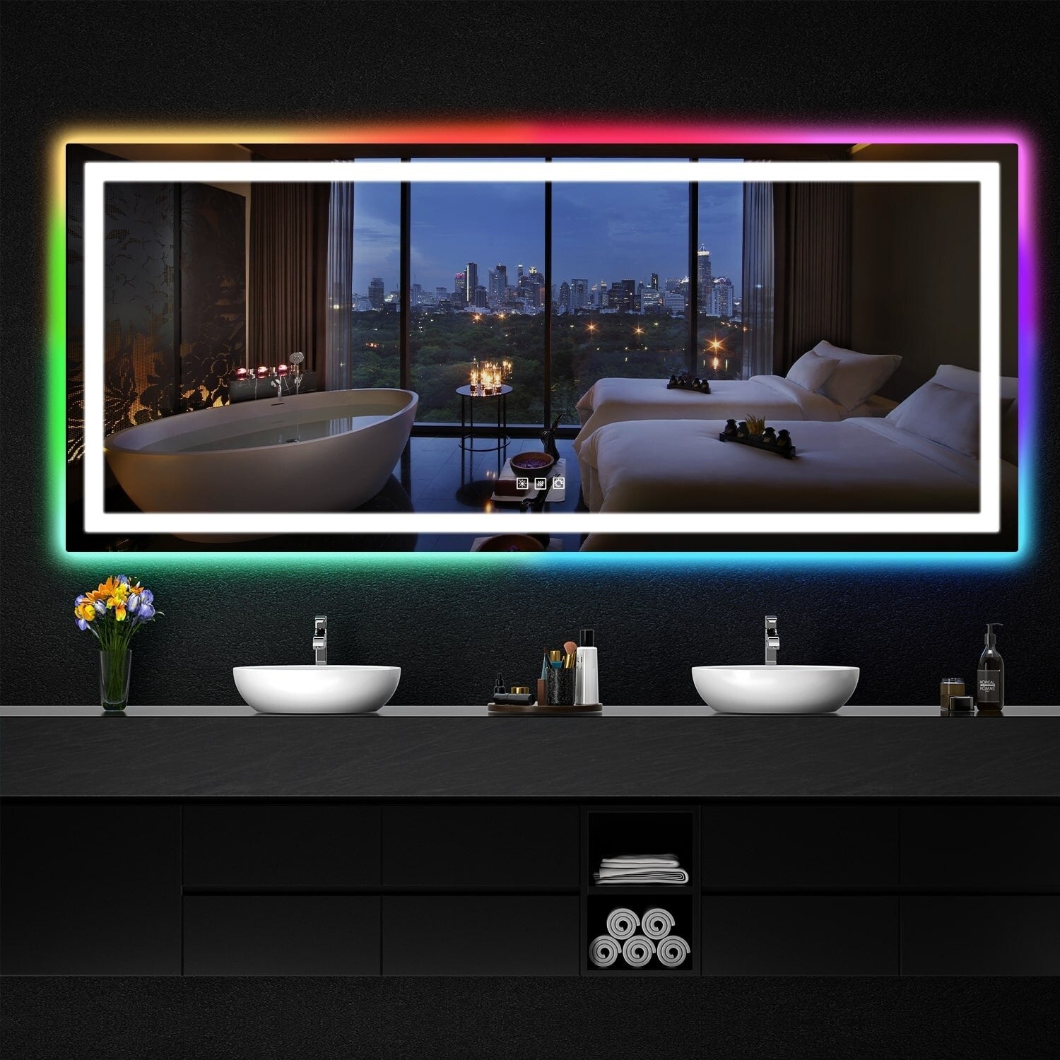 Miroir de salle de bain antibuée rétroéclairé RVB et LED frontale