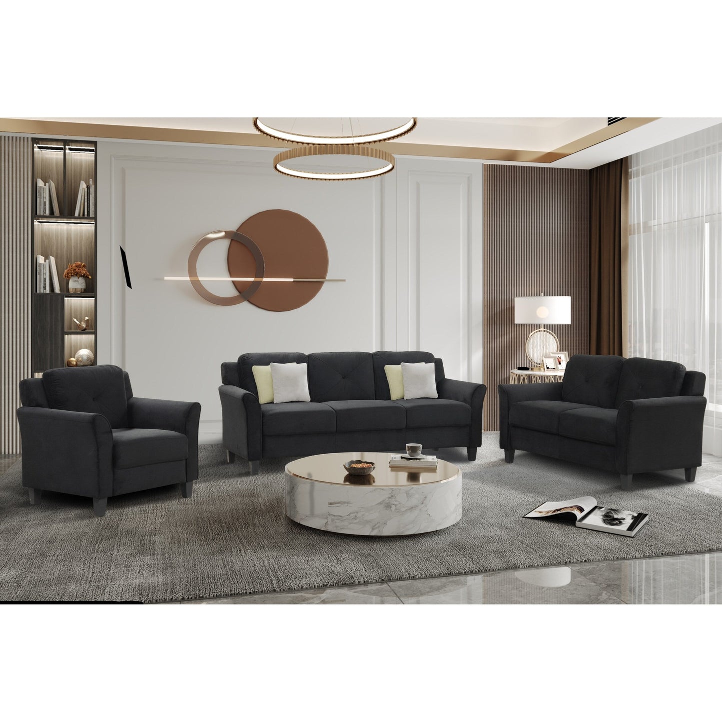 Canapé 3 places en polyester noir antique 74,9 avec cadre en bois massif et coussins en éponge hautement élastique pour le salon