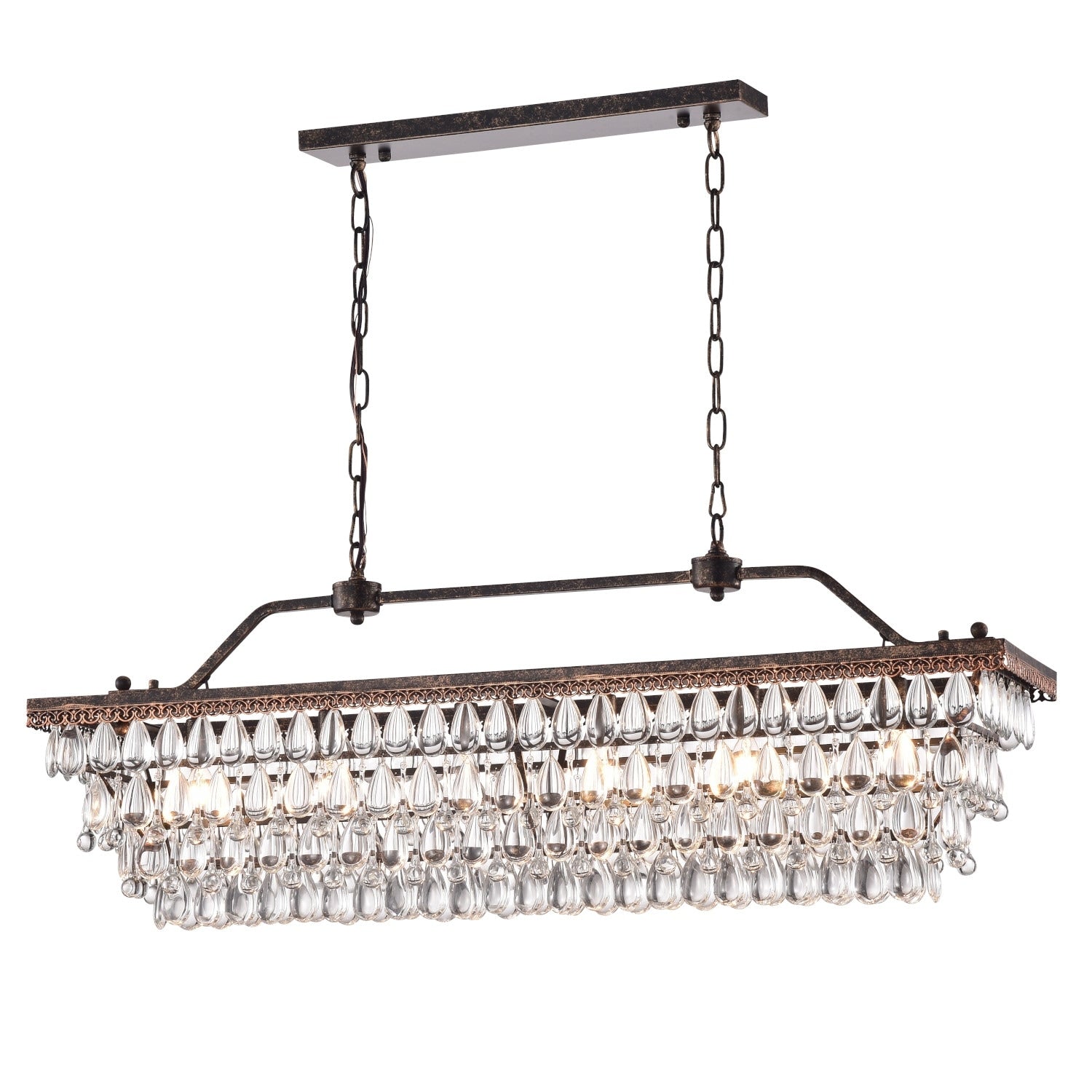 Luminaire rectangulaire en bronze antique à 6 lumières pour îlot de cuisine avec suspension en cristal - Bronze antique