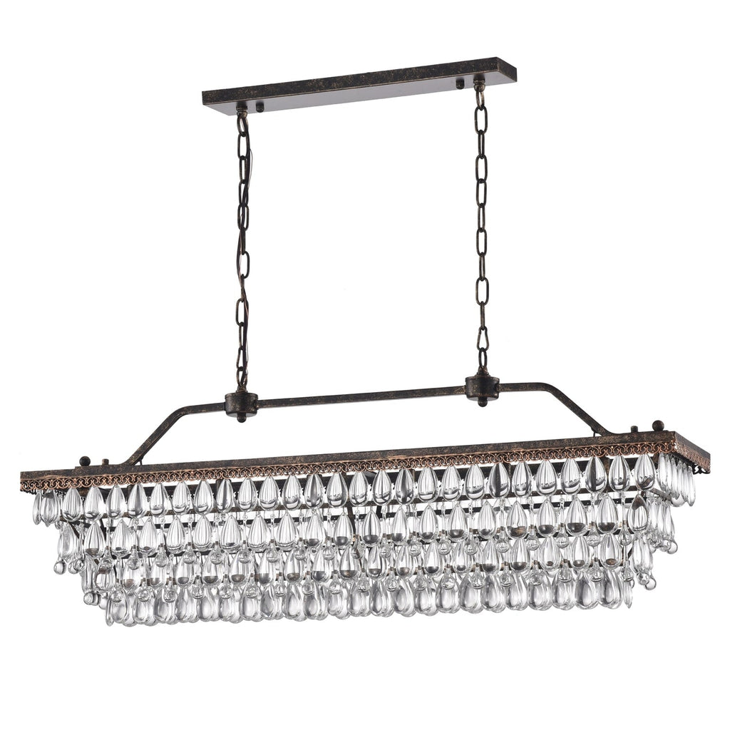 Luminaire rectangulaire en bronze antique à 6 lumières pour îlot de cuisine avec suspension en cristal - Bronze antique