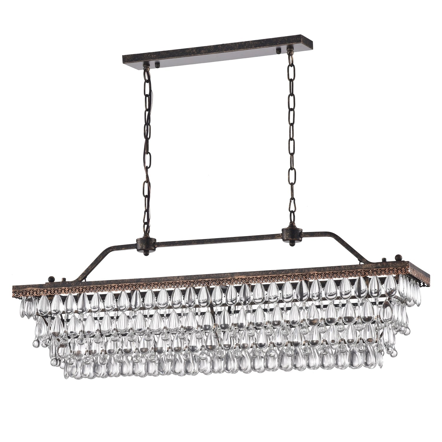 Luminaire rectangulaire en bronze antique à 6 lumières pour îlot de cuisine avec suspension en cristal - Bronze antique