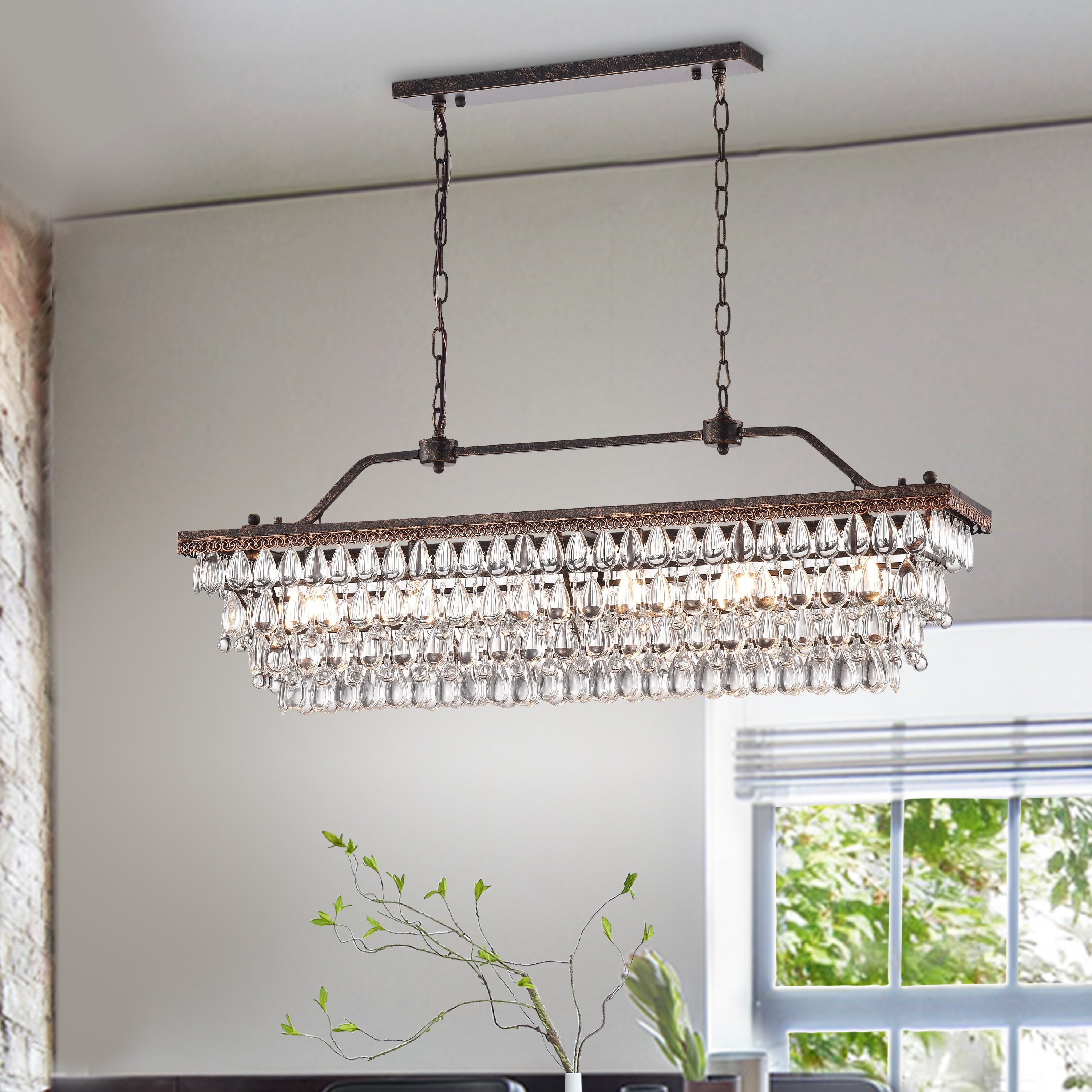 Luminaire rectangulaire en bronze antique à 6 lumières pour îlot de cuisine avec suspension en cristal - Bronze antique