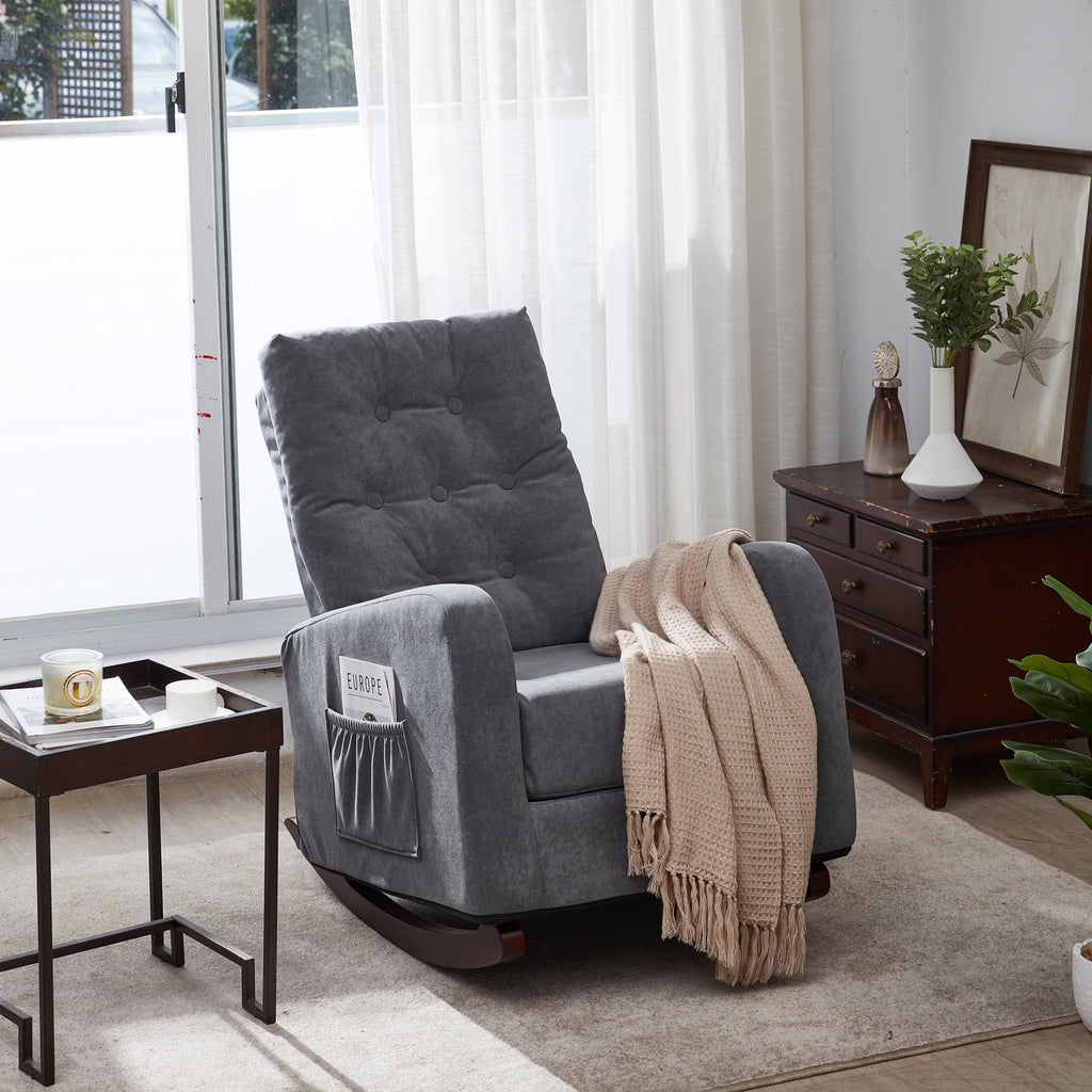 Fauteuil à bascule gris antique à dossier haut avec pieds en bois massif et poche latérale (28,74 po)