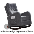Fauteuil à bascule gris antique à dossier haut avec pieds en bois massif et poche latérale (28,74 po)