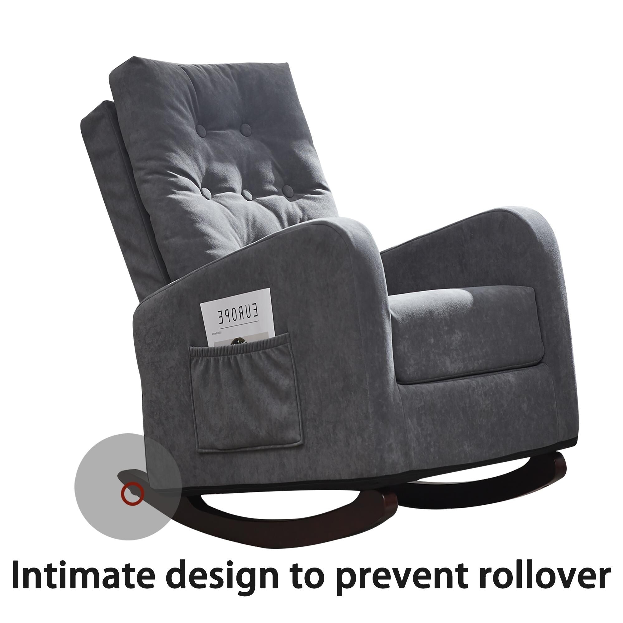 Fauteuil à bascule gris antique à dossier haut avec pieds en bois massif et poche latérale (28,74 po)