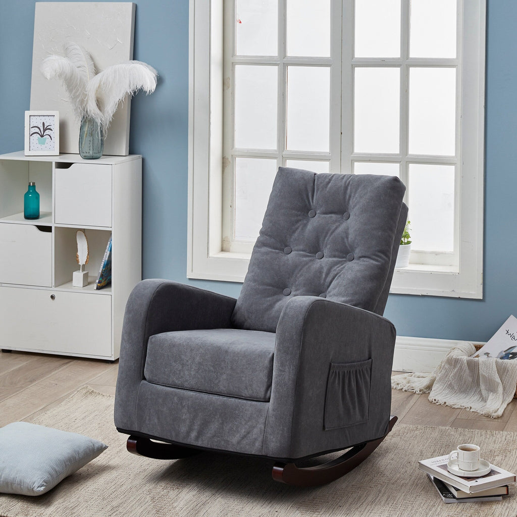Fauteuil à bascule gris antique à dossier haut avec pieds en bois massif et poche latérale (28,74 po)