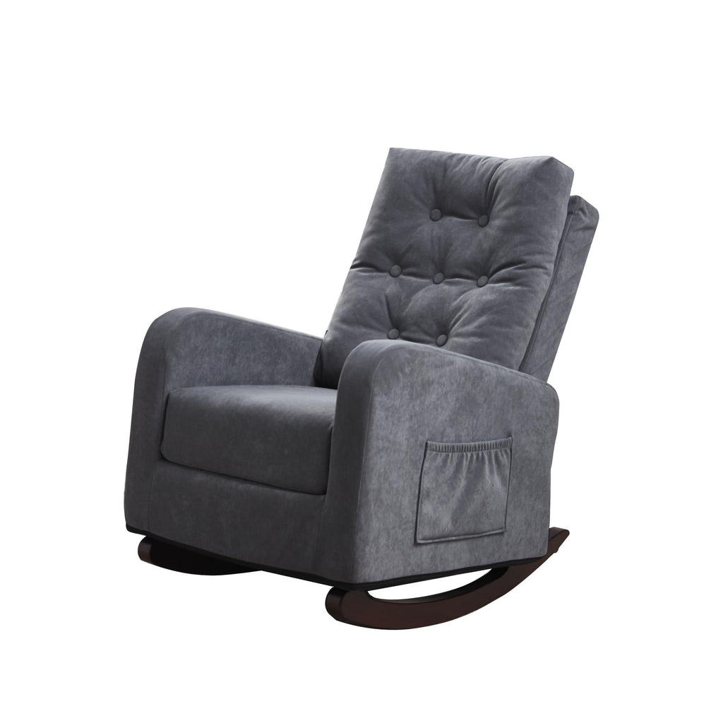 Fauteuil à bascule gris antique à dossier haut avec pieds en bois massif et poche latérale (28,74 po)