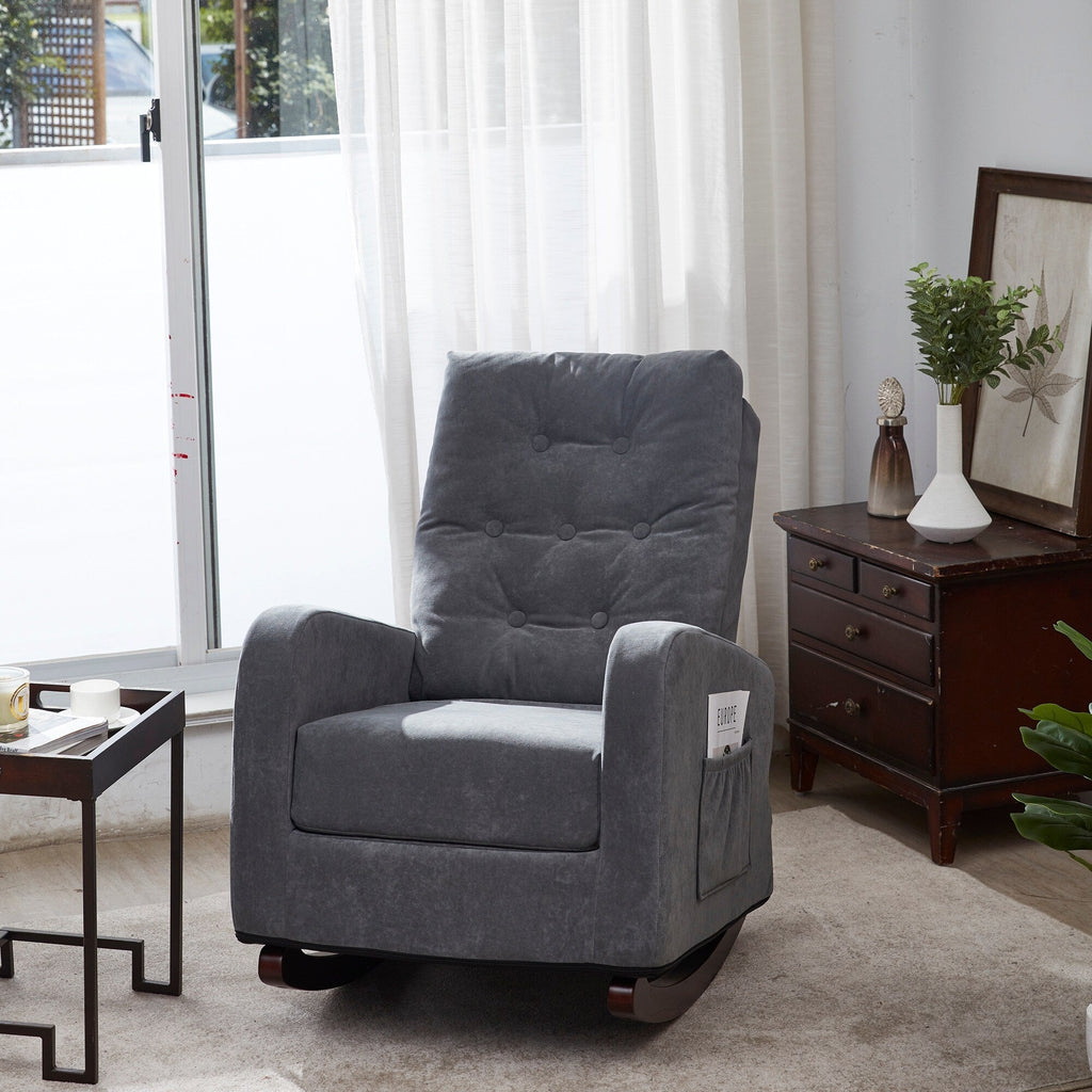 Fauteuil à bascule gris antique à dossier haut avec pieds en bois massif et poche latérale (28,74 po)