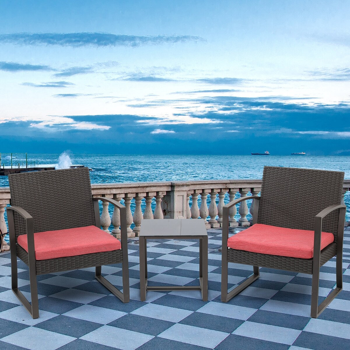 Ensemble de meubles de jardin Aoodor 3 pièces – Chaises d'extérieur en rotin avec table et canapé, coussins inclus – N/A