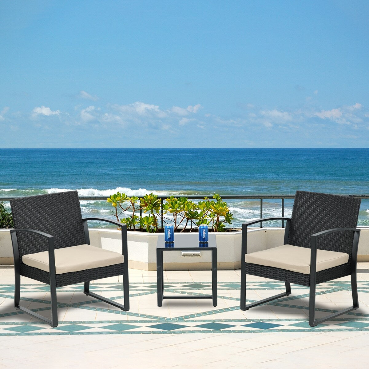 Ensemble de meubles de jardin Aoodor 3 pièces – Chaises d'extérieur en rotin avec table et canapé, coussins inclus – N/A