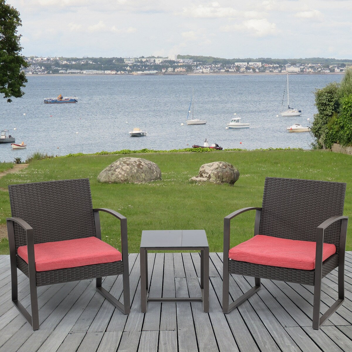 Ensemble de meubles de jardin Aoodor 3 pièces – Chaises d'extérieur en rotin avec table et canapé, coussins inclus – N/A