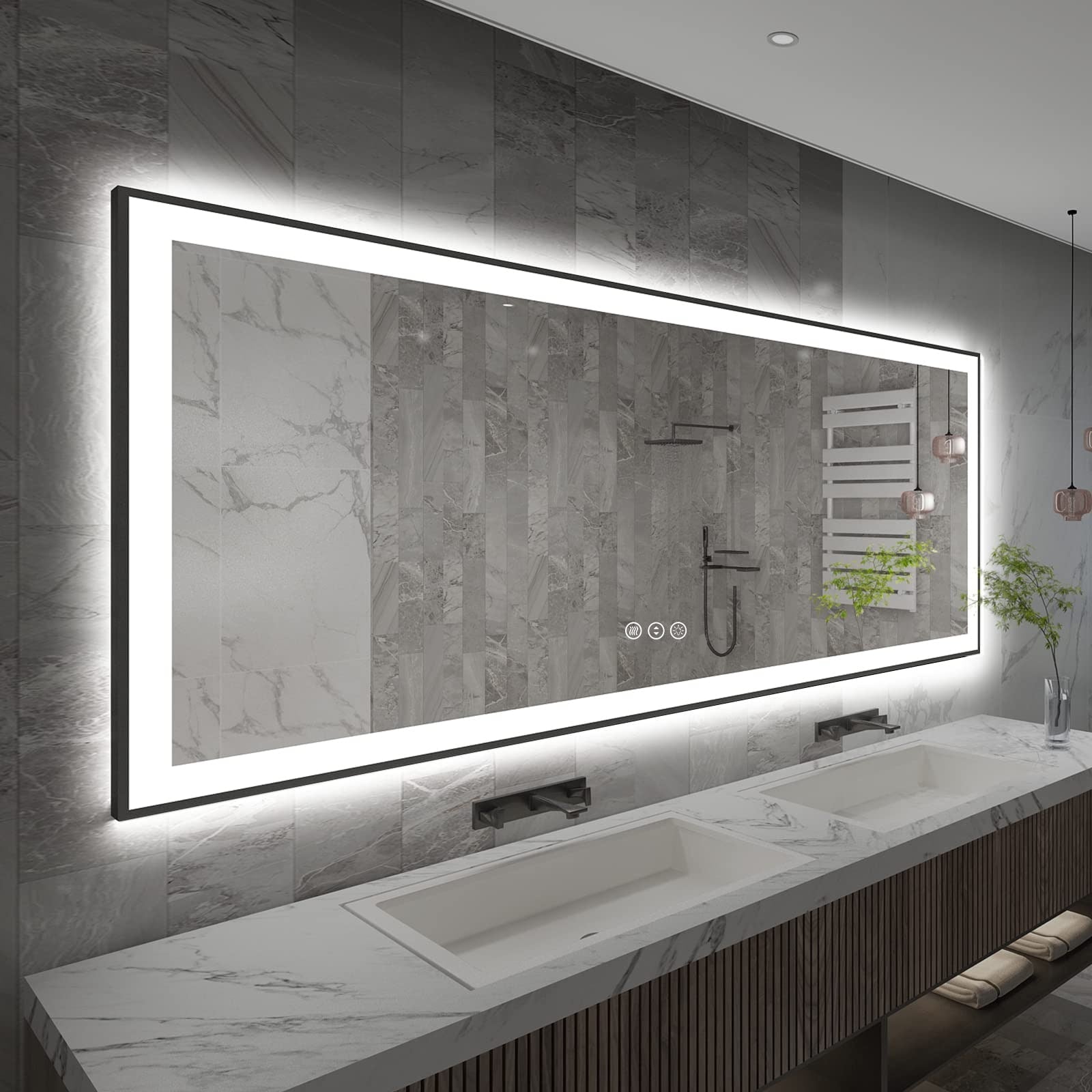 Miroir de salle de bain mural avec cadre en verre trempé antibuée et éclairage LED avant et arrière pleine grandeur