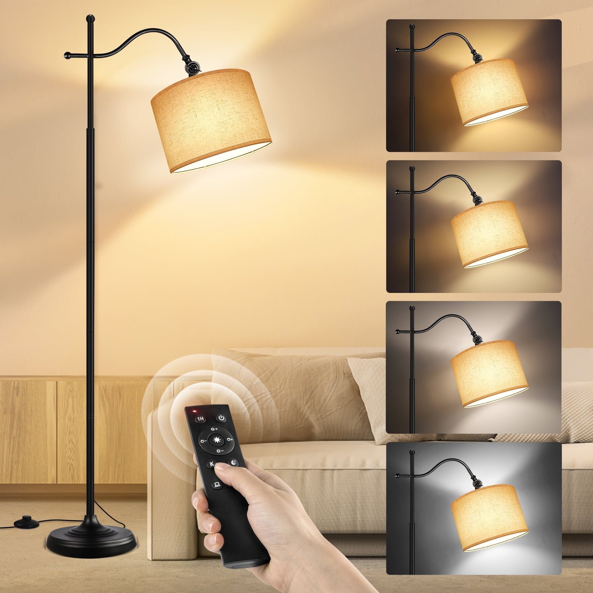 Lampadaire Arc avec télécommande, lampadaire rétro 67 pouces avec 4 températures de couleur, lampes hautes en métal pour salon et chambre à coucher - N/A