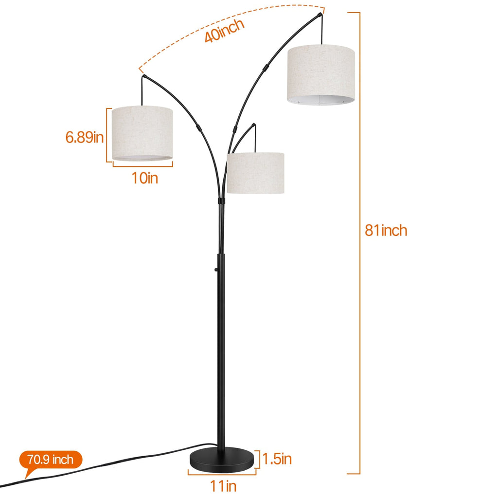 Lampadaire LED Arc à intensité variable, moderne, noir, 3 lampes, haut et arqué