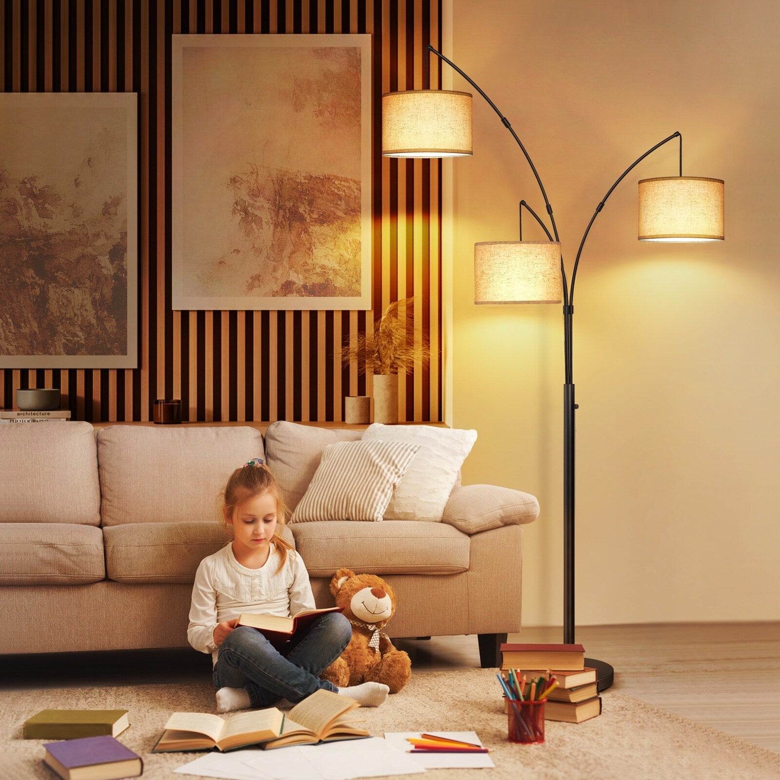Lampadaire LED Arc à intensité variable, moderne, noir, 3 lampes, haut et arqué