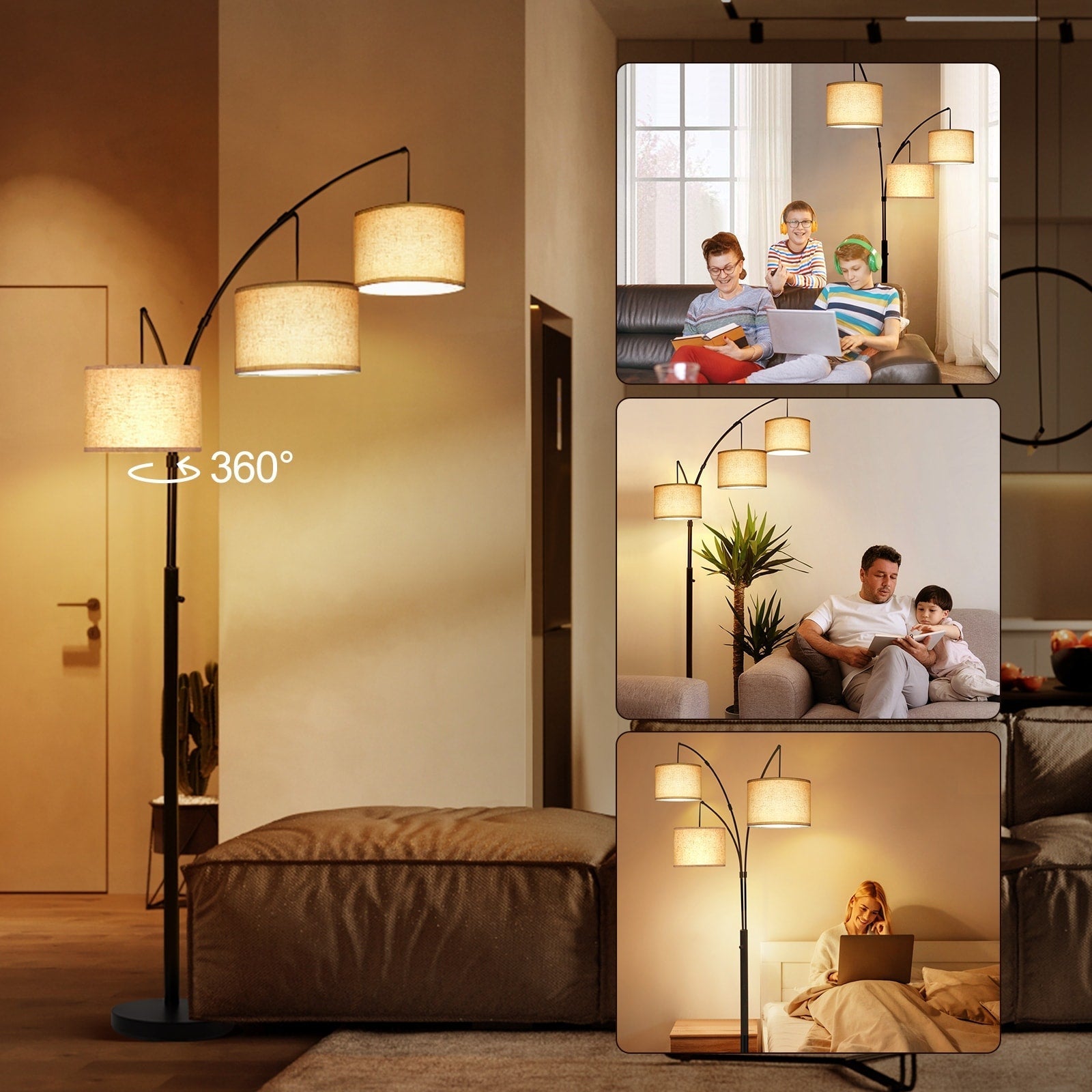 Lampadaire LED Arc à intensité variable, moderne, noir, 3 lampes, haut et arqué