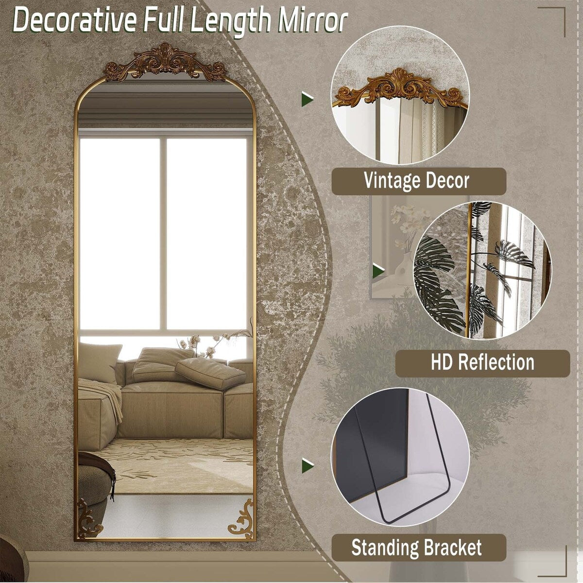 Miroir arqué pleine longueur avec motif floral baroque