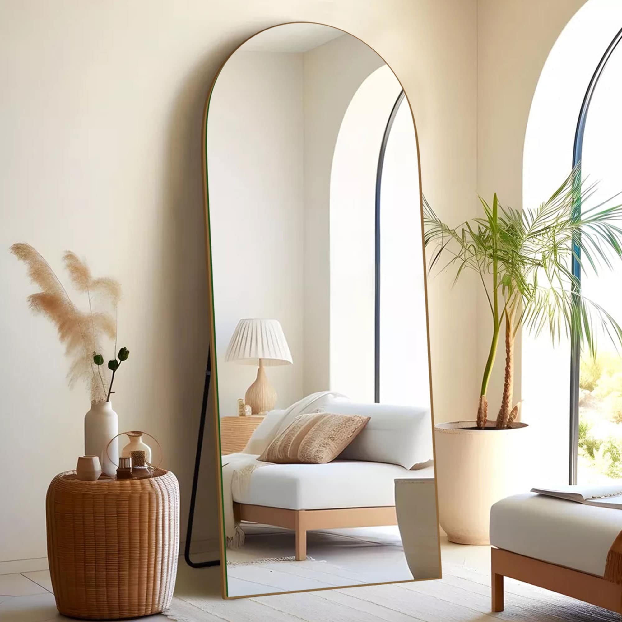 Miroir de sol en bois arqué pleine longueur, miroir mural