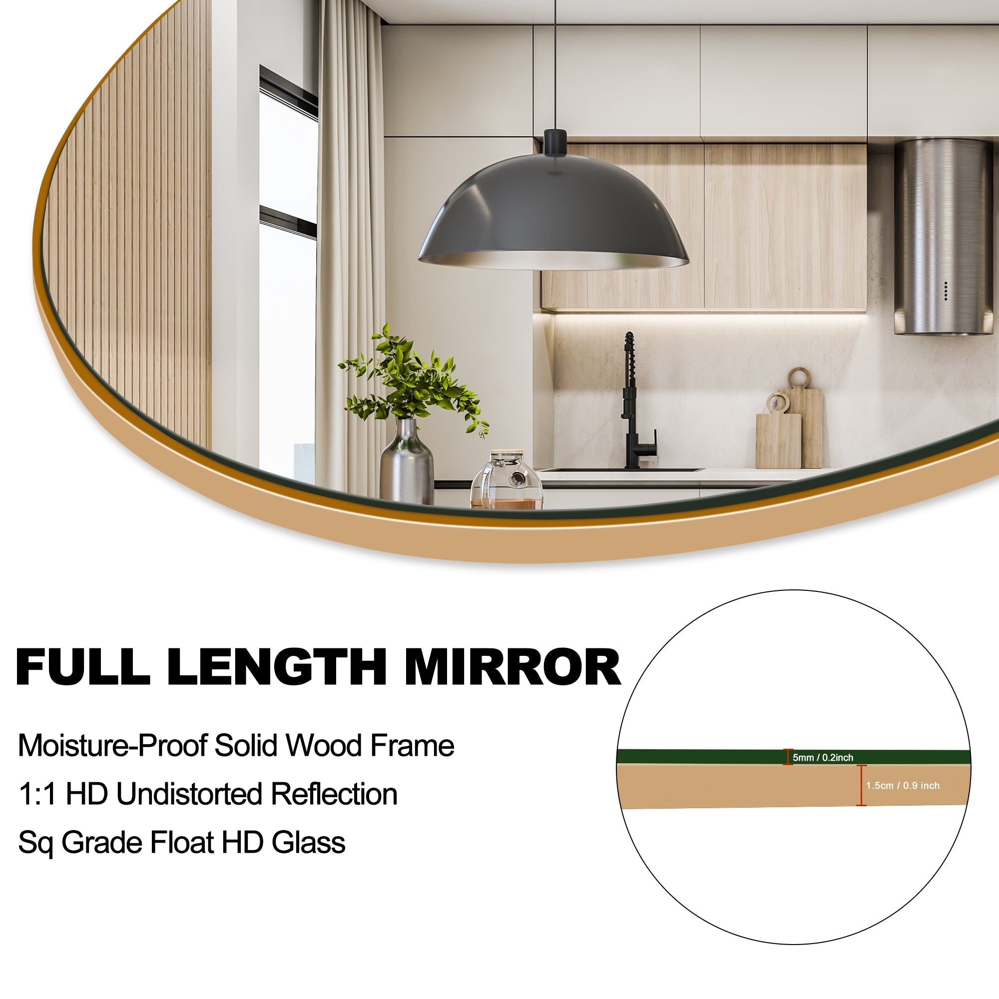 Miroir de sol en bois arqué pleine longueur, miroir mural