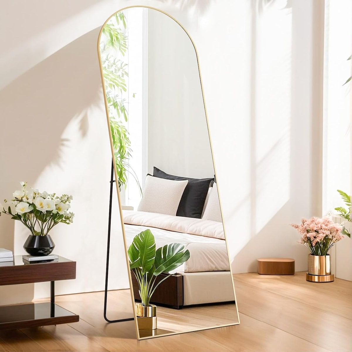 Miroir arqué pleine longueur, 21 x 64, miroir mural en verre incassable, grand miroir arqué haut avec support, cadre en alliage d'aluminium