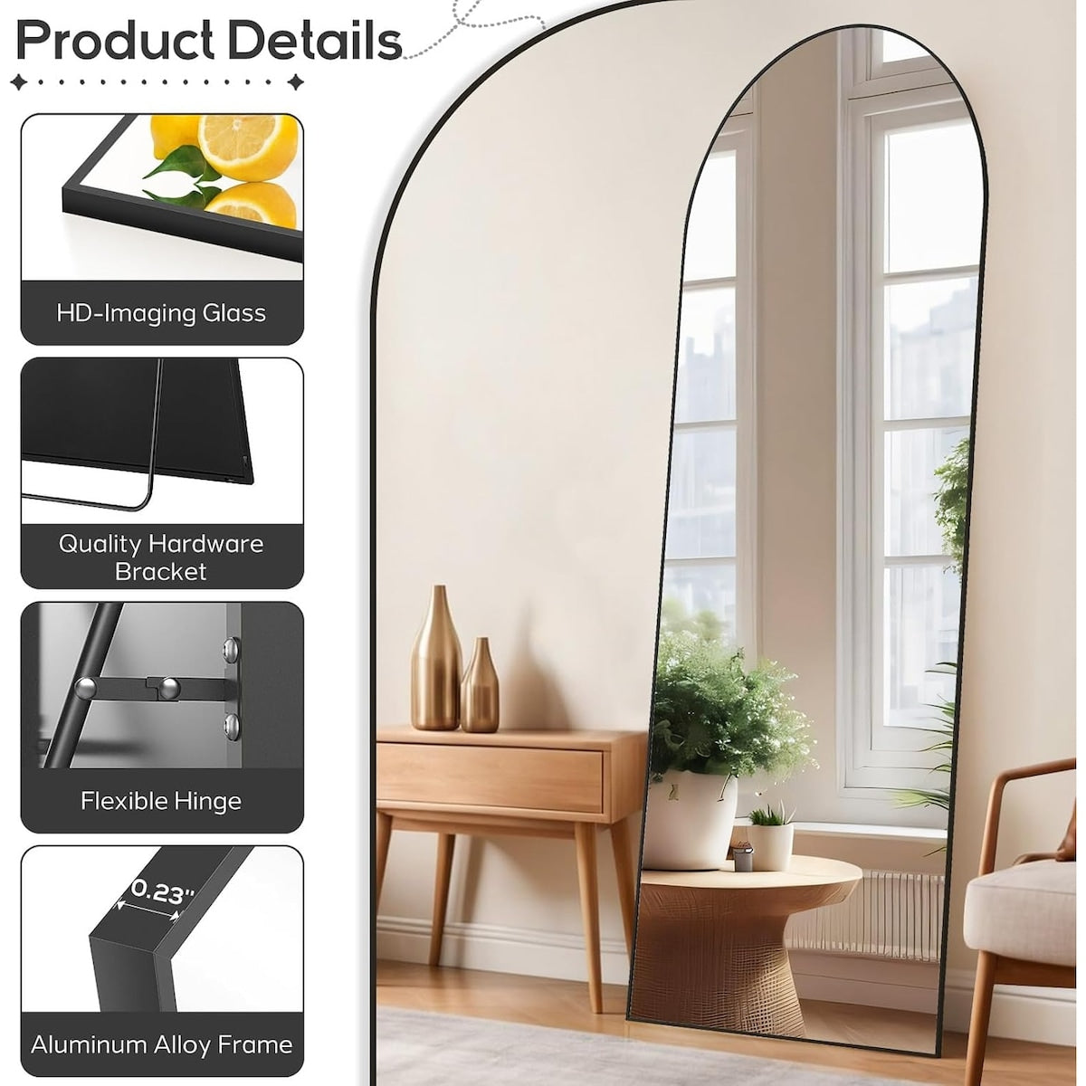 Miroir arqué pleine longueur, 21 x 64, miroir mural en verre incassable, grand miroir arqué haut avec support, cadre en alliage d'aluminium