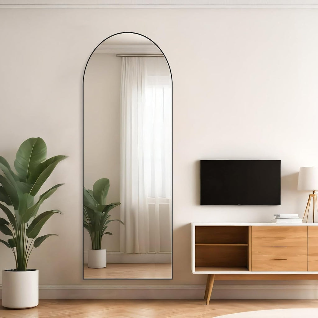 Miroir arqué pleine longueur, 21 x 64, miroir mural en verre incassable, grand miroir arqué haut avec support, cadre en alliage d'aluminium