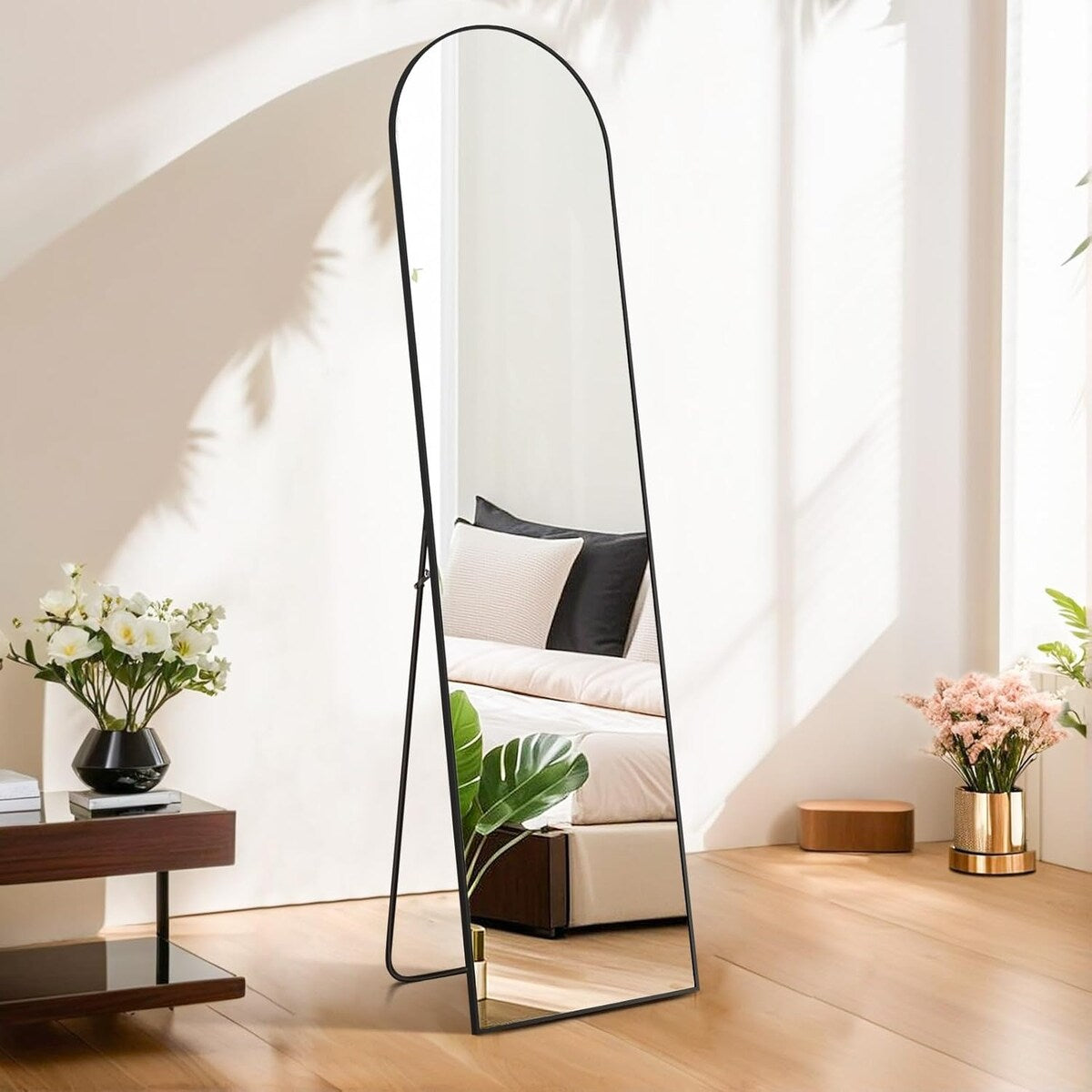 Miroir arqué pleine longueur, 16 x 59, miroir mural, sur pied, grand miroir arqué avec support, cadre en alliage d'aluminium