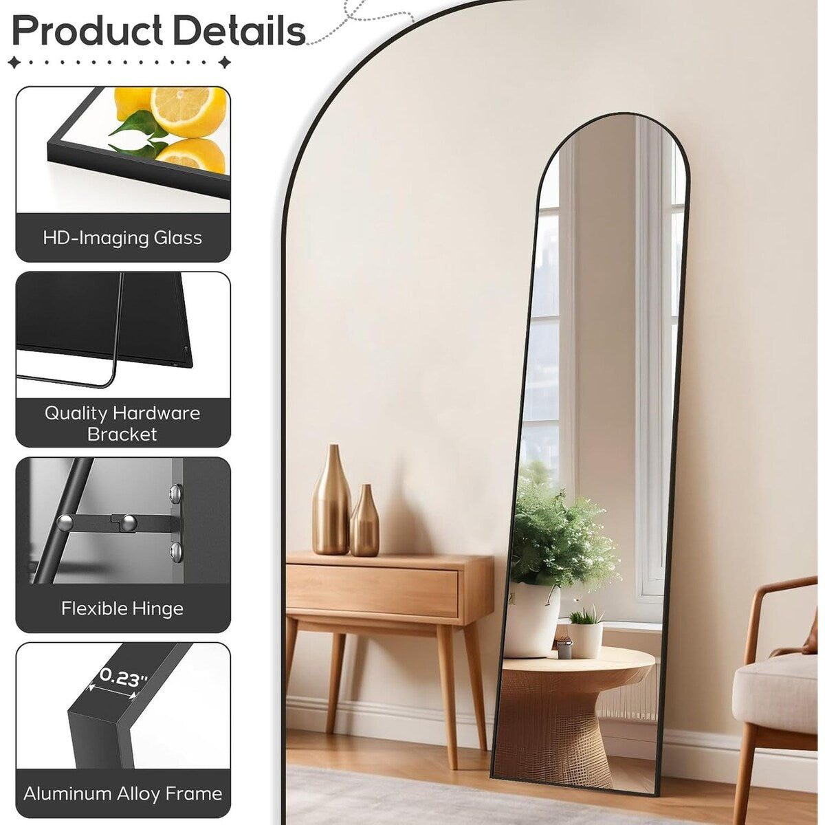 Miroir arqué pleine longueur, 16 x 59, miroir mural, sur pied, grand miroir arqué avec support, cadre en alliage d'aluminium