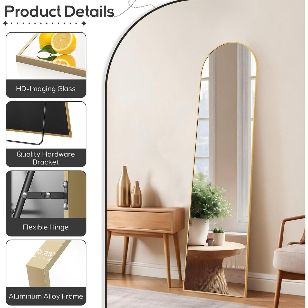 Miroir arqué pleine longueur, 16 x 59, miroir mural, sur pied, grand miroir arqué avec support, cadre en alliage d'aluminium