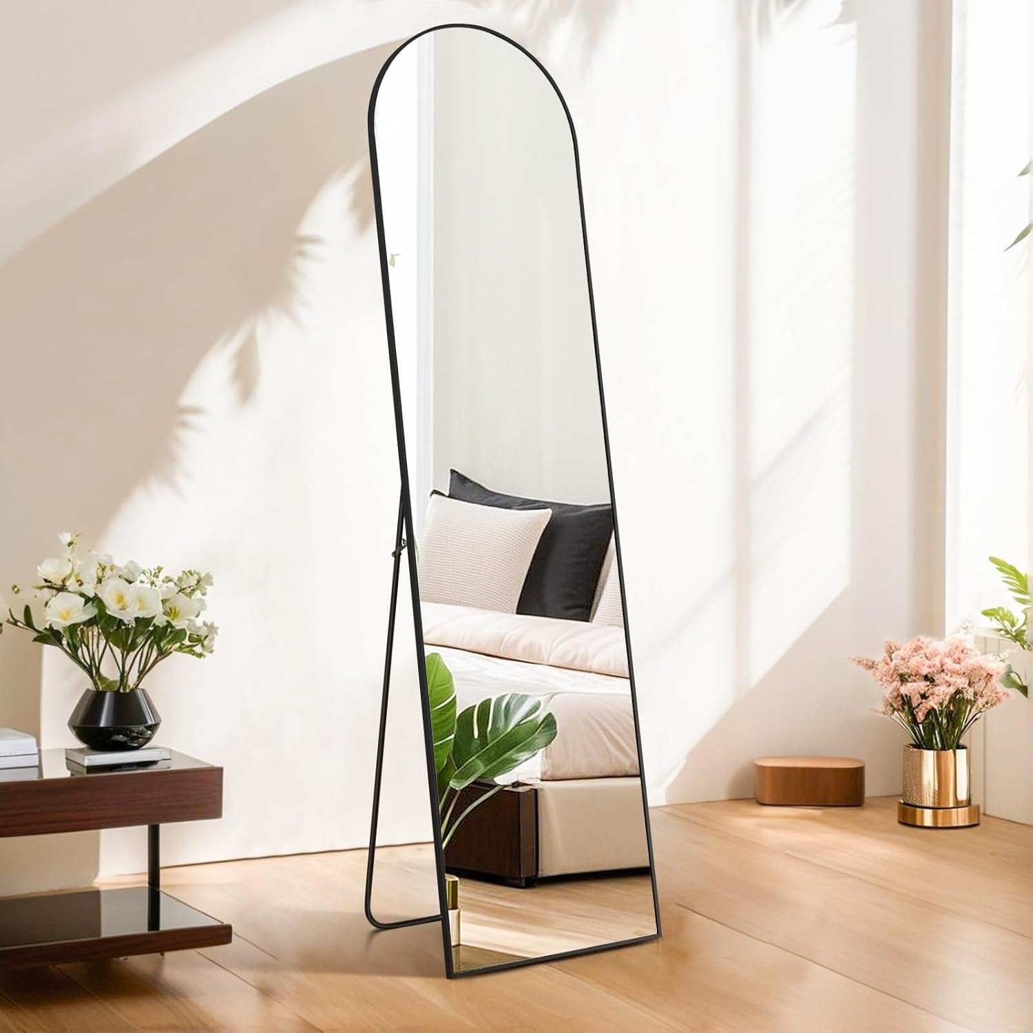 Miroir arqué pleine longueur, 16 x 59, miroir mural, sur pied, grand miroir arqué avec support, cadre en alliage d'aluminium