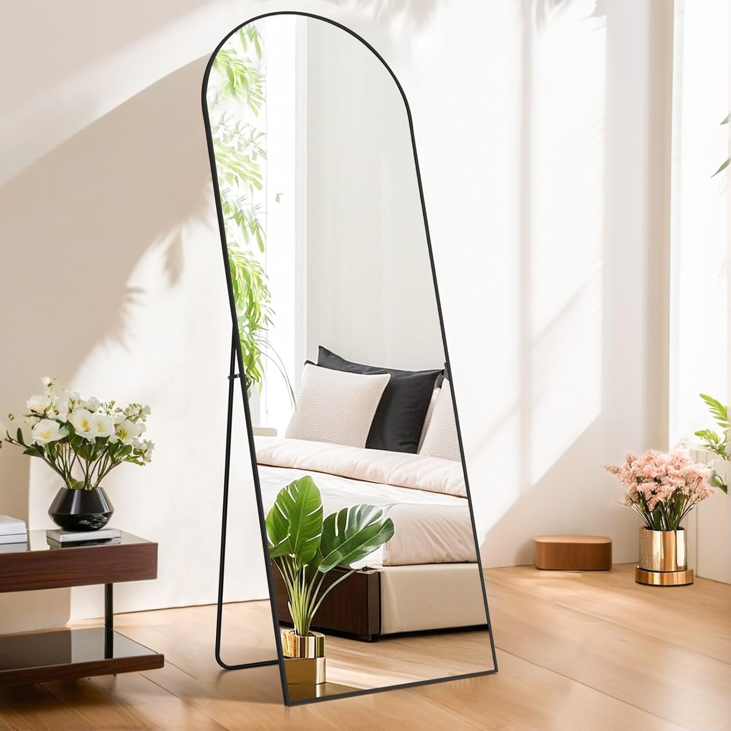 Miroir arqué pleine longueur, 21 x 64, miroir mural en verre incassable, grand miroir arqué haut avec support, cadre en alliage d'aluminium