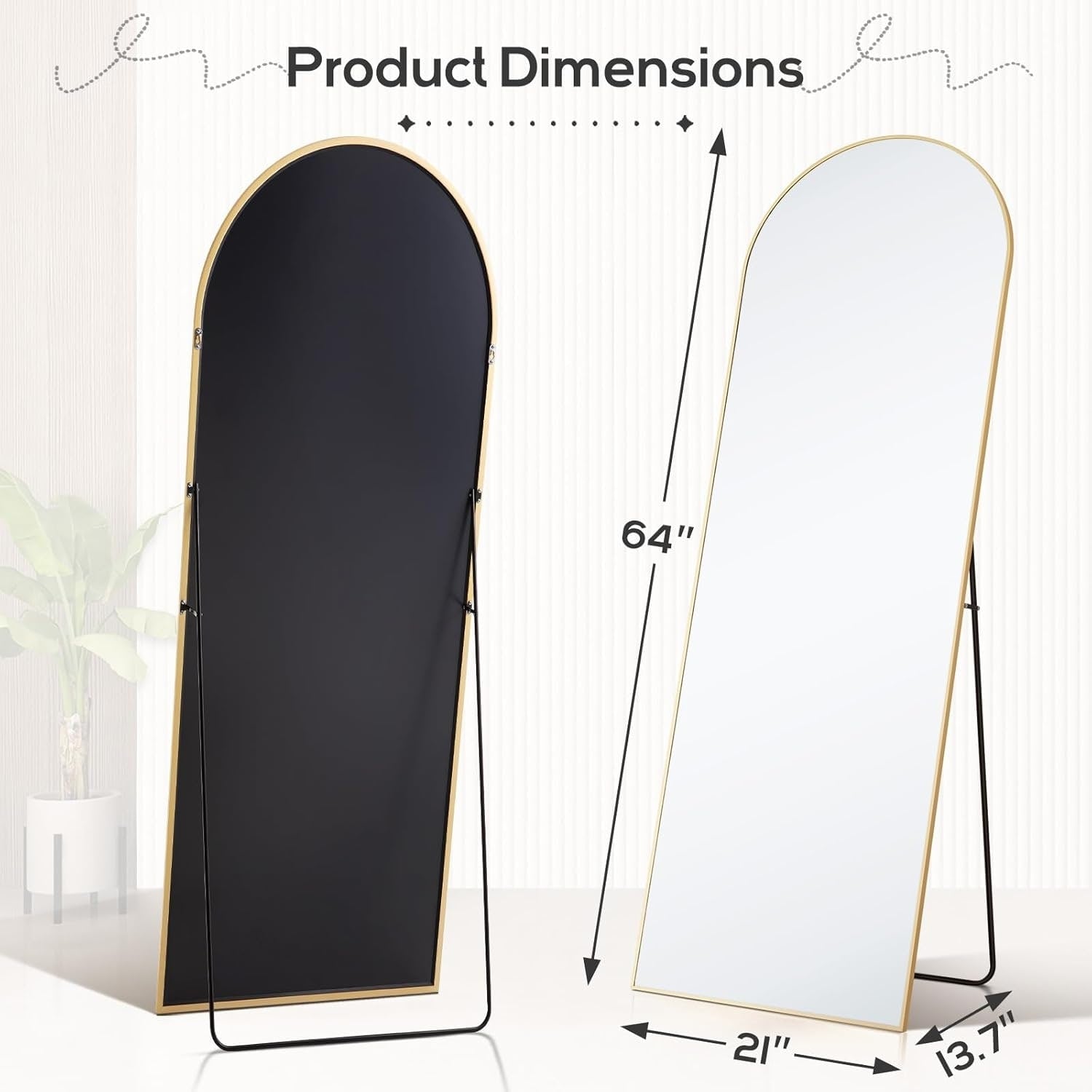 Miroir arqué pleine longueur, 21 x 64, miroir mural en verre incassable, grand miroir arqué haut avec support, cadre en alliage d'aluminium